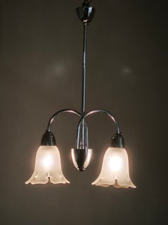 1950s Chrome and Floral Glass Chandelier by Elektroinstala Děčín