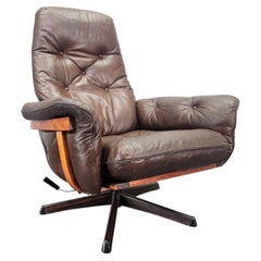Midcentury Swivel Leather and Wood Armchair Göte Möbler Nässjö, Sweden, 1960s