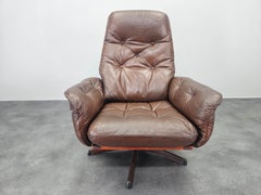 Midcentury Swivel Leather and Wood Armchair Göte Möbler Nässjö, Sweden, 1960s