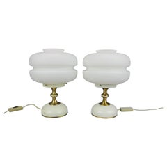 Pair of 1970s Napako Table Lamps in Opaline Glass and Brass, Czechoslovakia