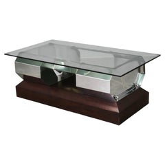 1970s Italian Chrome, Smoked Glass and Wood Coffee Table, Willy Rizzo Style