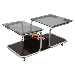Rare 1970s Space Age Chrome, Smoked Glass and Wood Bar Cart