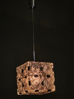 1970s Czech Geometric Pressed Glass and Chrome Cube Pendant Light
