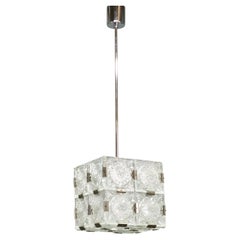 1970s Czech Geometric Pressed Glass and Chrome Cube Pendant Light