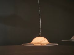 Pair of 1970s Italian Murano Opaline Glass and Brass Pendant Lights