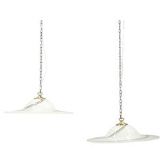 Pair of 1970s Italian Murano Opaline Glass and Brass Pendant Lights