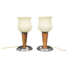 Pair of Italian Opaline Glass, Wood and Chrome Table Lamps, 1950s