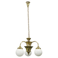 1930s Czechoslovak Art Deco Brass and Opaline Glass Chandelier
