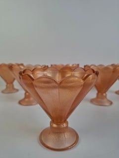 Set of 6 Art Deco Pink Rosaline Glass Dessert Bowls, Czechoslovakia, 1930s