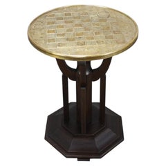 1930s Art Deco Chess Table with Hand-Decorated Brass Top and Stained Oak Base