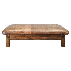 1940s Czechoslovak Oak and Patinated Leather Gym Bench