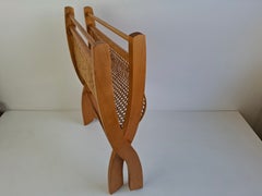 Vintage Mid-Century Wooden and Rattan Folding Magazine Rack, Czechoslovakia, 196