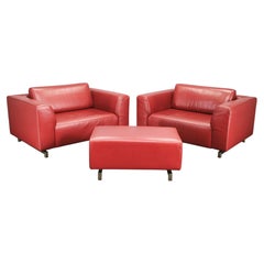 Wittmann Oversized Red Leather Lounge Armchairs and Ottoman, Austria