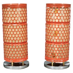 Pair of Red Perforated Metal Space Age Table Lamps, Czechoslovakia, 1970s