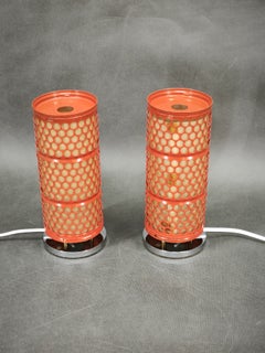 Pair of Red Perforated Metal Space Age Table Lamps, Czechoslovakia, 1970s