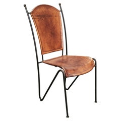 1990s European Brutalist Wrought Iron and Cognac Leather Dining Chair