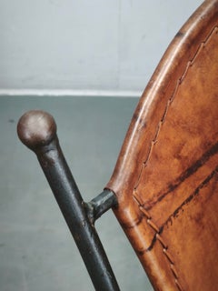 1990s European Brutalist Wrought Iron and Cognac Leather Dining Chair