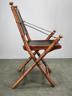 Französischer Safari-Klappstuhl aus den 1970er Jahren aus Teakholz, schwarzem Leder und Messing
