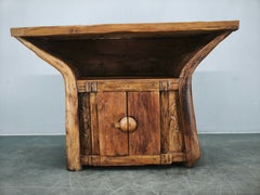 1970s Asian Rustic Solid Wood Console Table, Hand-Carved Primitive Sideboard