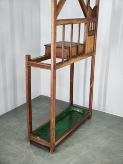 Circa 1900 Arts & Crafts Solid Oak Hall Tree with Coat Hooks and Umbrella Stand