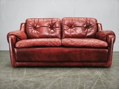 1970s Danish Modern Red Leather Two-Seater Sofa, Scandinavian Design