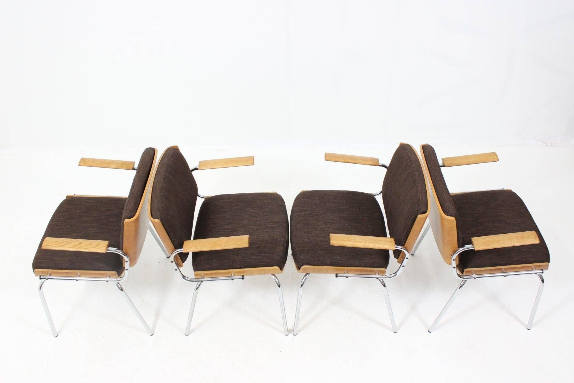 Scandinavian Modern Set of Four Duba Dining Chairs in Chromed Steel and Plywood, 1970s