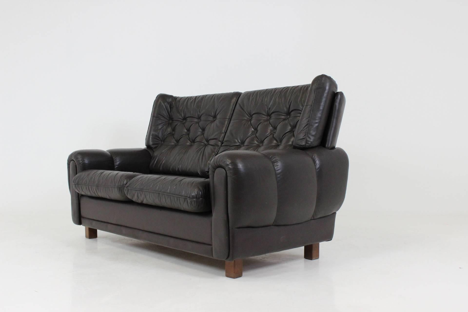 Mid-Century Modern Mid-Century Design Black Leather Sofa, 1970s, Czechoslovakia For Sale