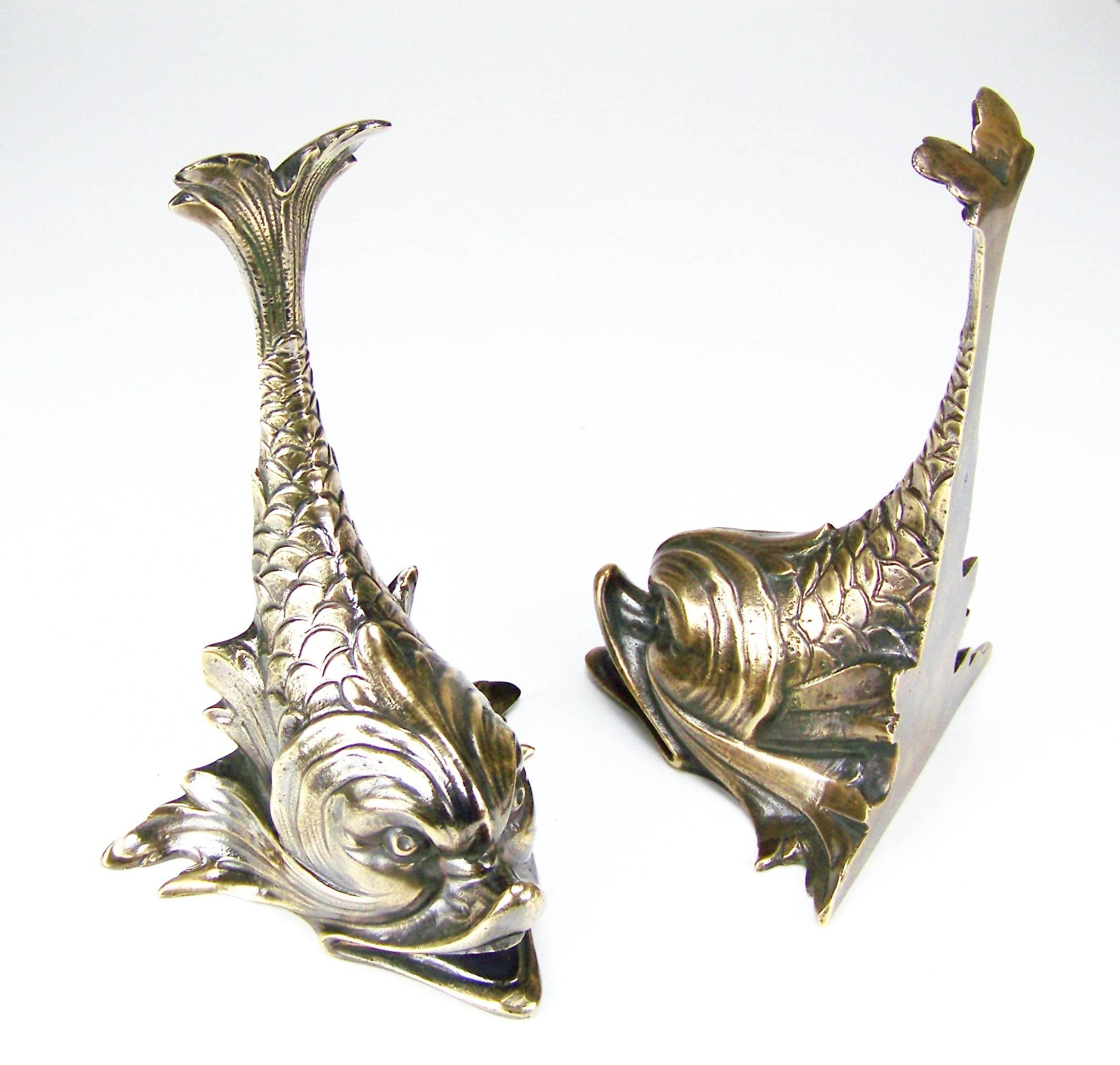 Pair of Library Bookends, Brass Baroque Whale 4