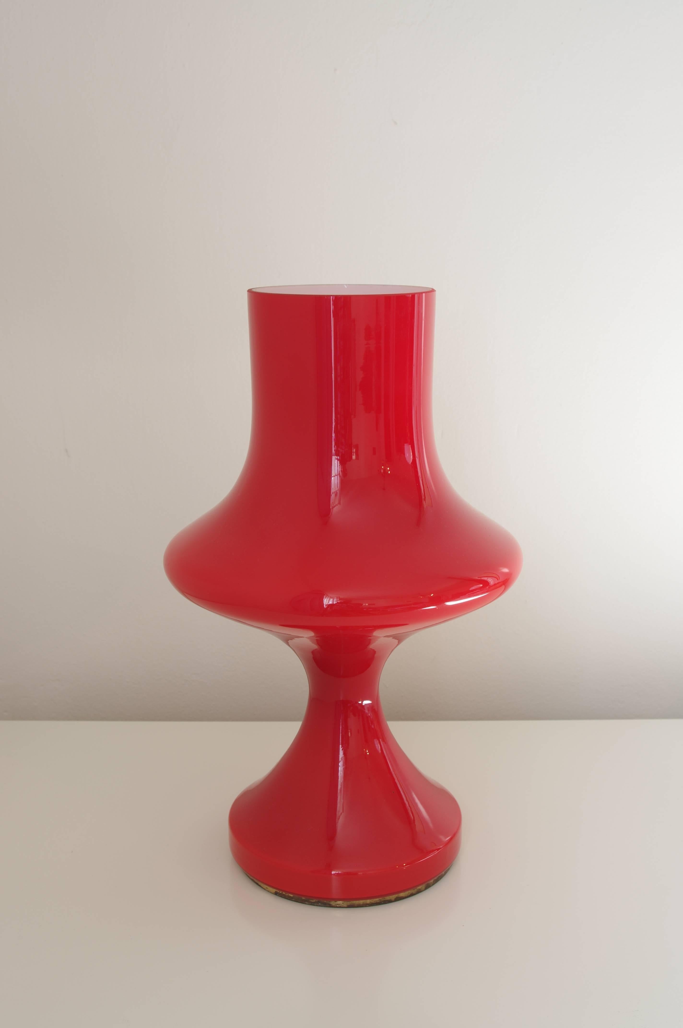 Rare glass table lamp designed by Stepan Tabera for Czechoslovakian company OPP Jihlava in early 1970s. Two layers of glass - white inside and red outside. Bottom is from brass. New wiring 220V.