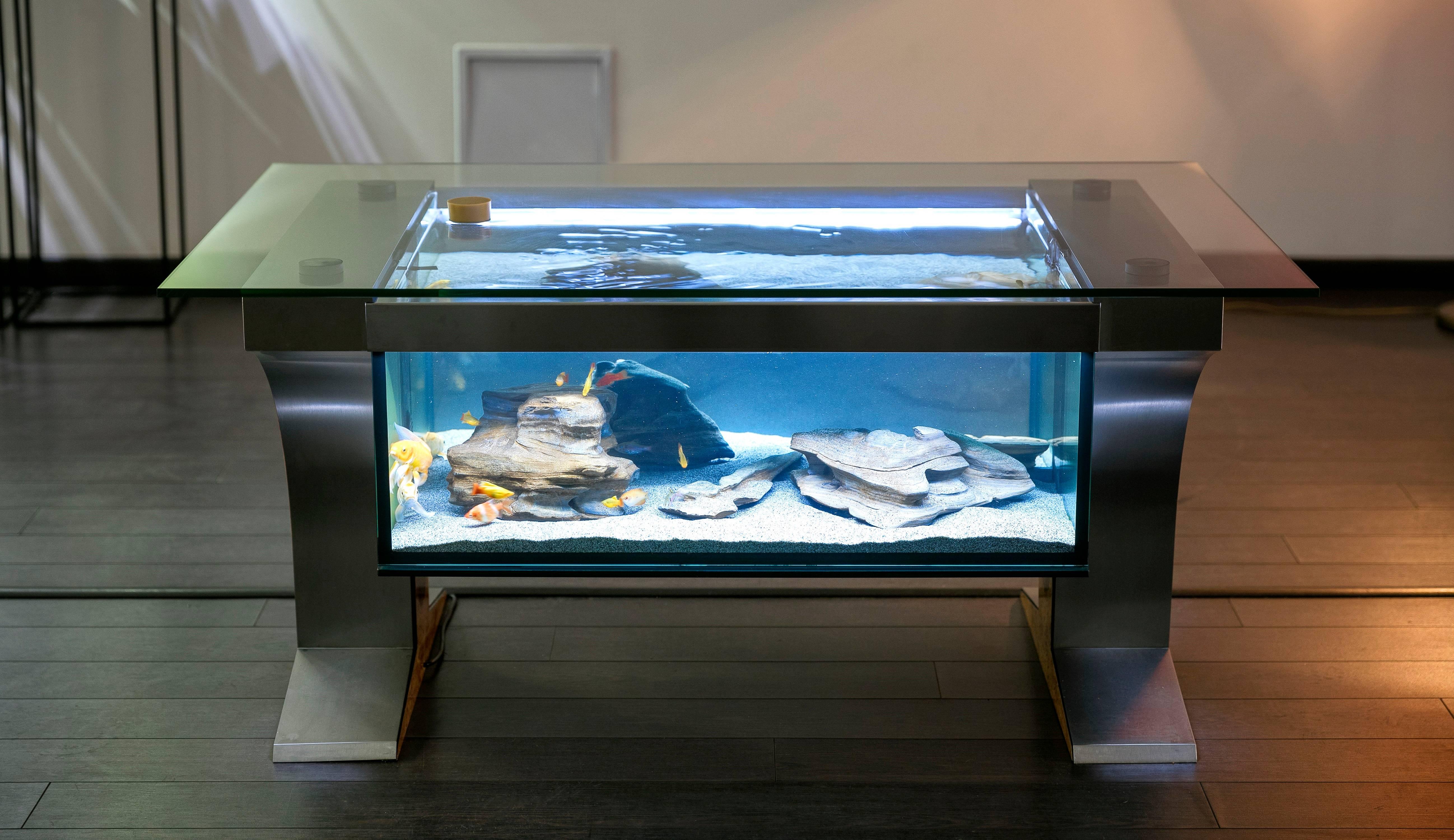 160L aquarium designed as a coffee table. Steel stand is covered by stainless steel and veneer with high gloss finish. Filters in both legs keep the water clean and make the maintenance very easy. Illuminated by LED on both sides of the aquarium.