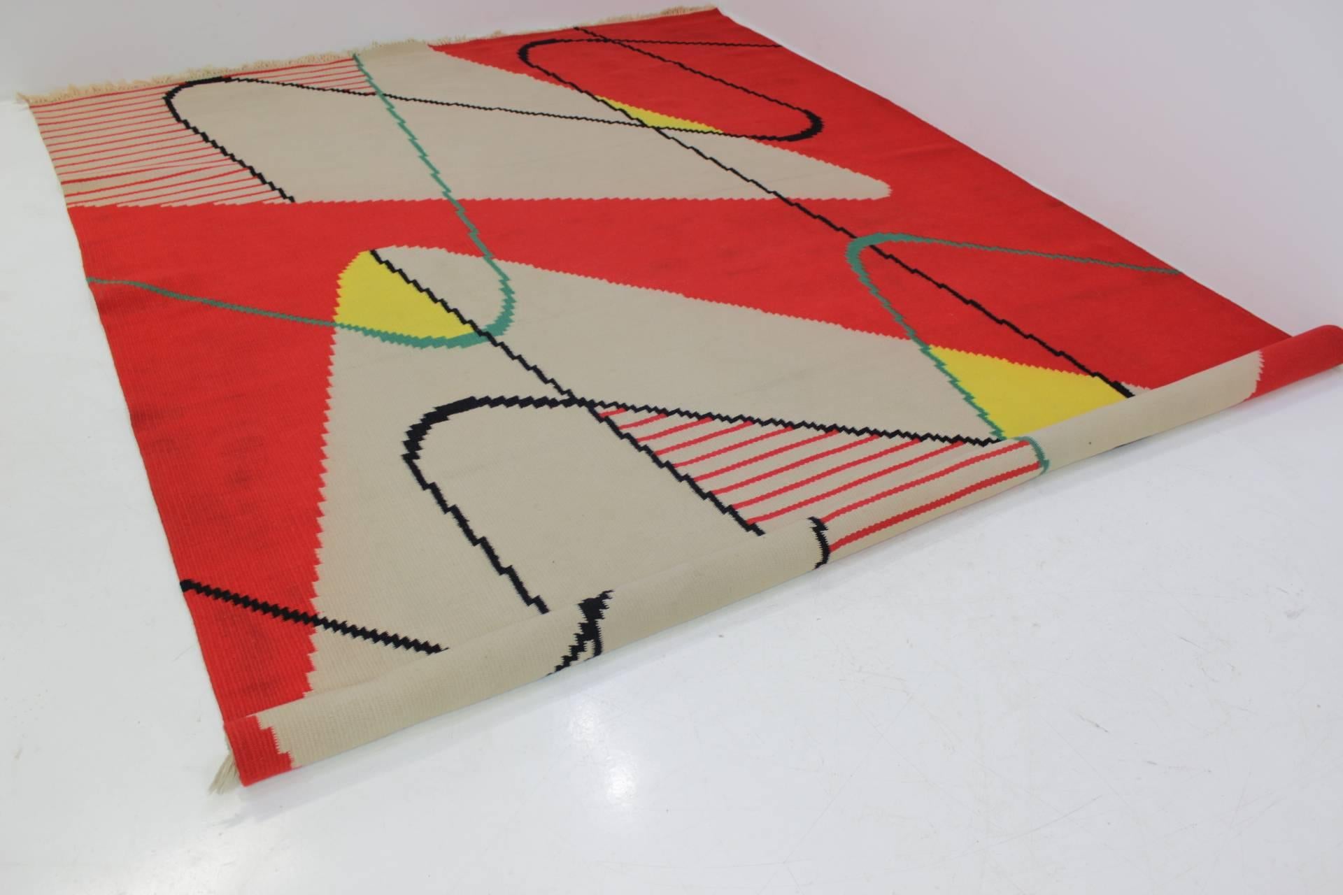 Czech Extraordinary Big Geometric Modernist Kilim Carpet, A. Kybal For Sale
