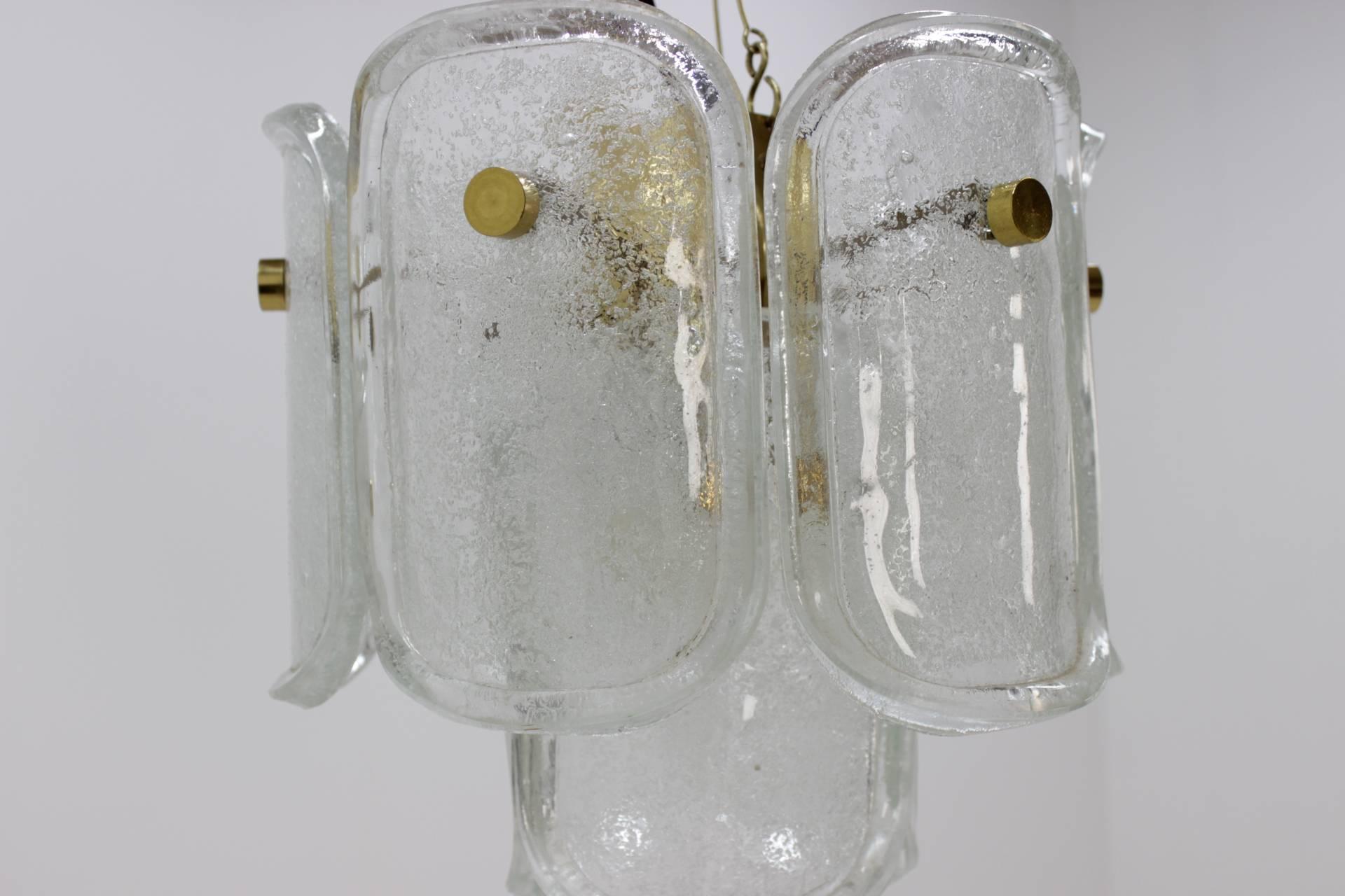 Mid-Century Modern Midcentury Brass Ice Glass Pedant Chandelier, J.T. Kalmar, 1960s
