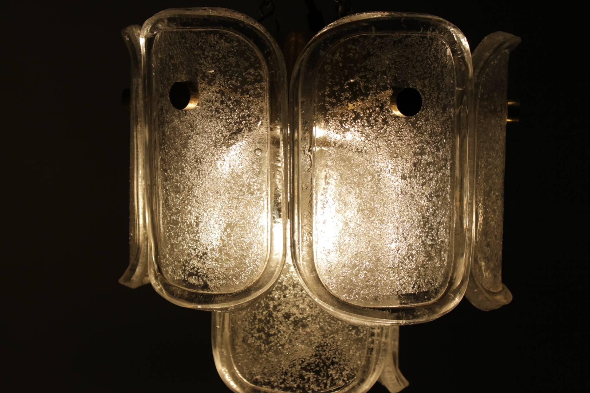 Midcentury Brass Ice Glass Pedant Chandelier, J.T. Kalmar, 1960s In Excellent Condition In Praha, CZ