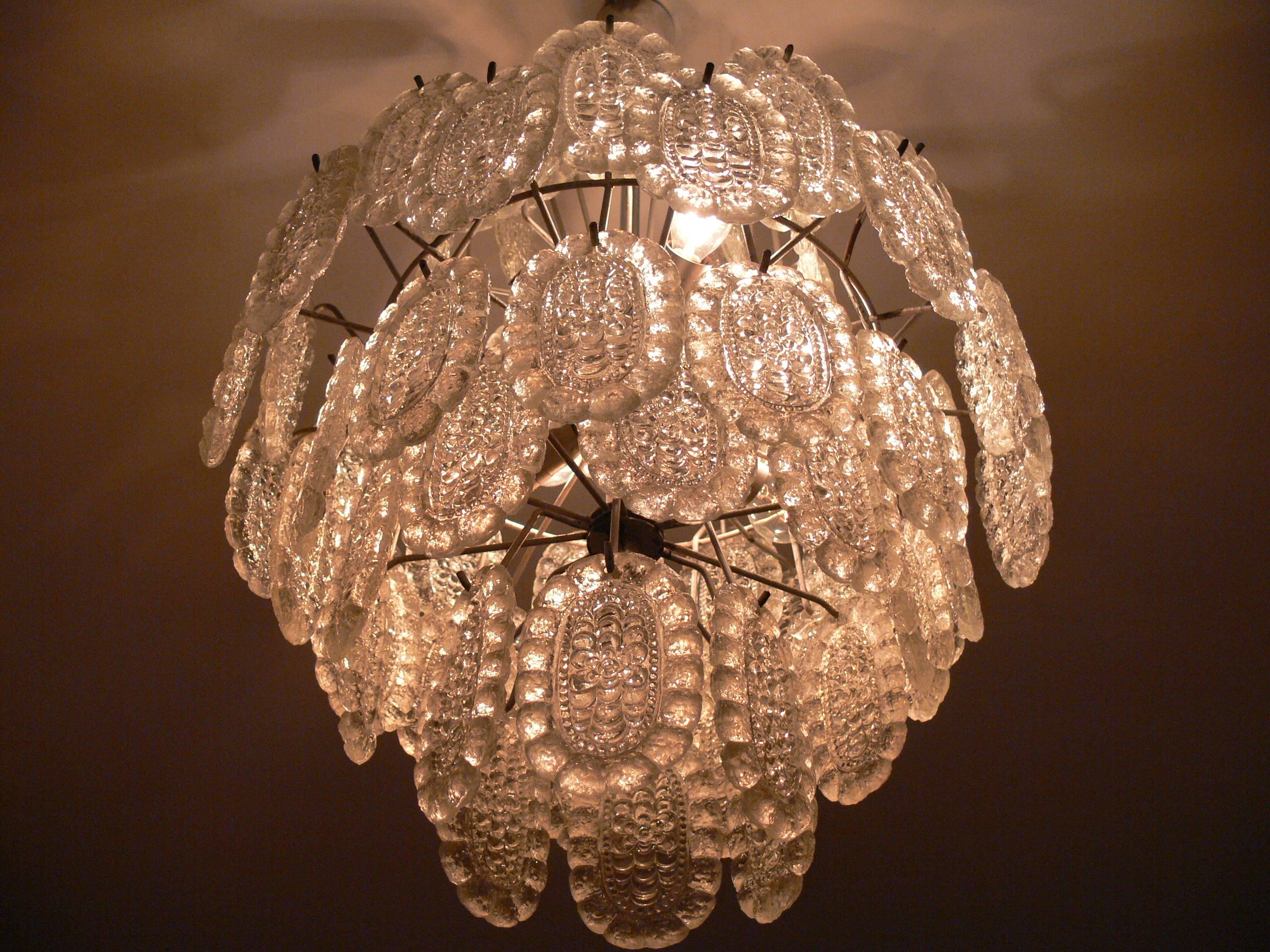 European Pair of Beautiful Midcentury Glass Chandeliers For Sale