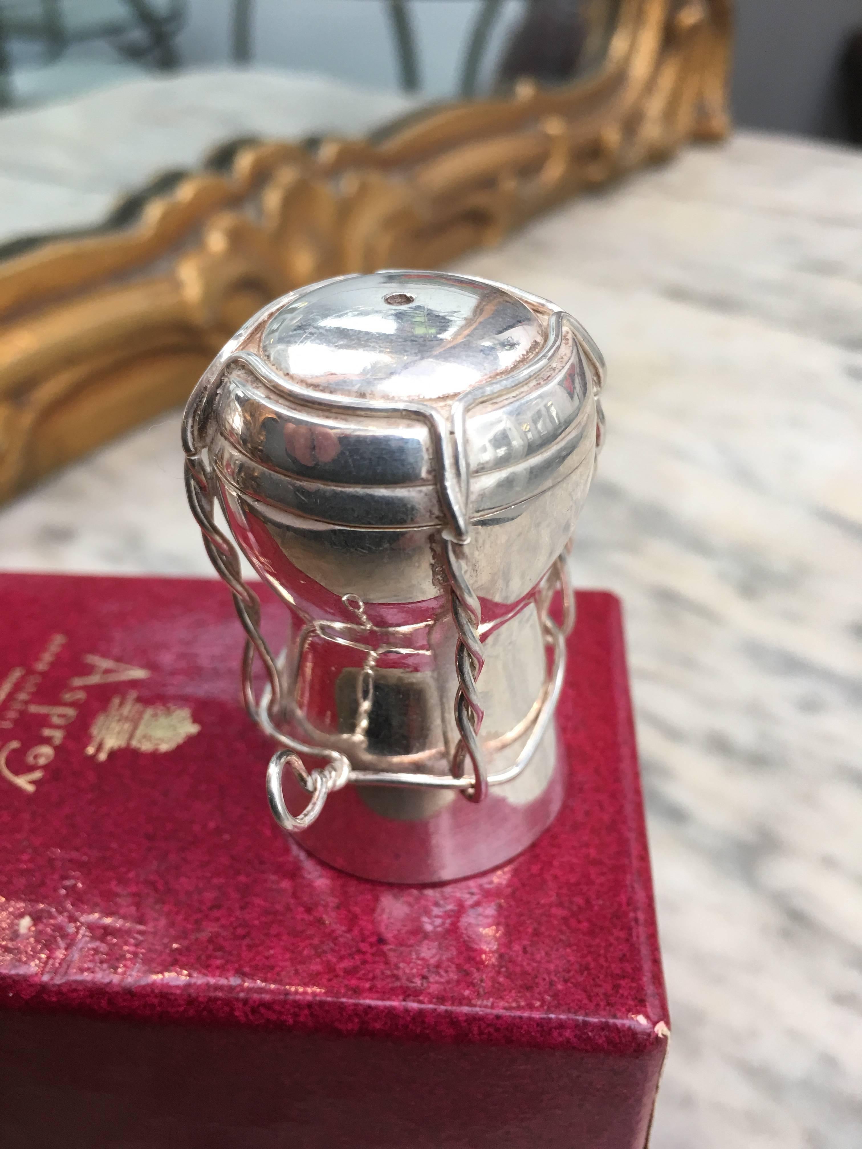 Asprey of London Solid Silver Champagne Cork Salt and Pepper Pots, Original Box For Sale 2