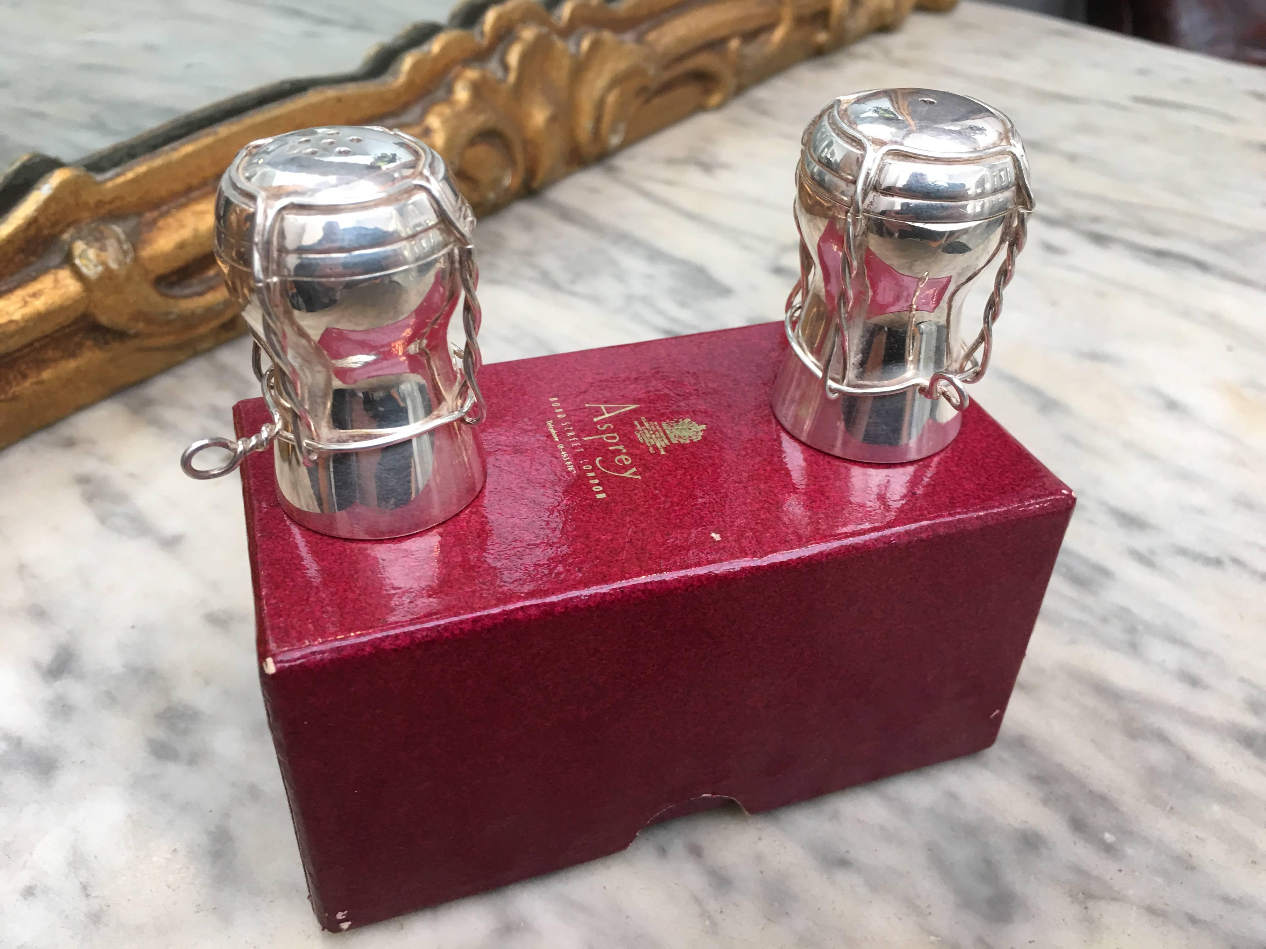 Asprey of London Solid Silver Champagne Cork Salt and Pepper Pots, Original Box For Sale 4
