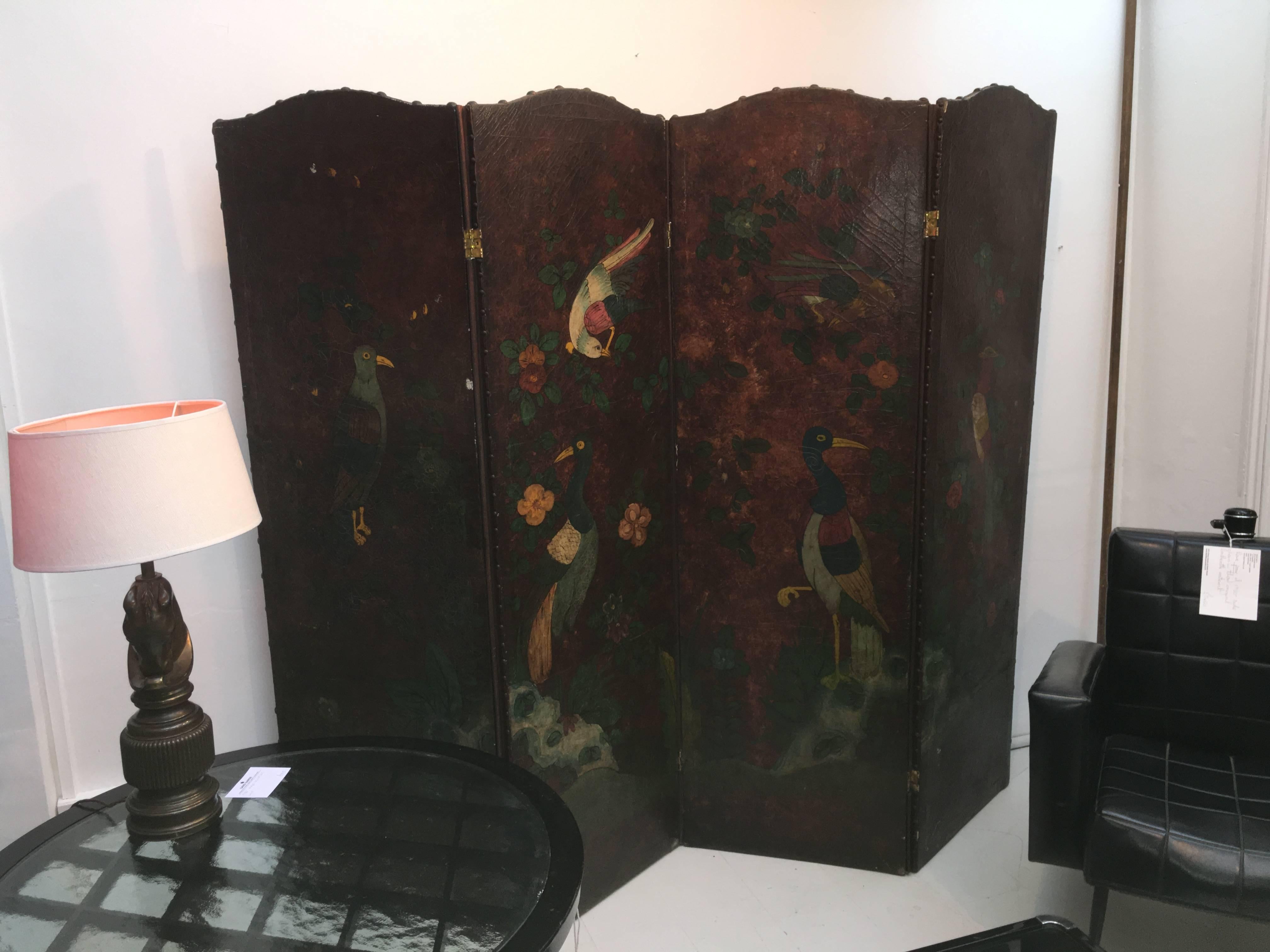 Early 20th Century Fabulous Arts & Crafts Double-Sided Four Fold Painted Screen, circa 1900 For Sale