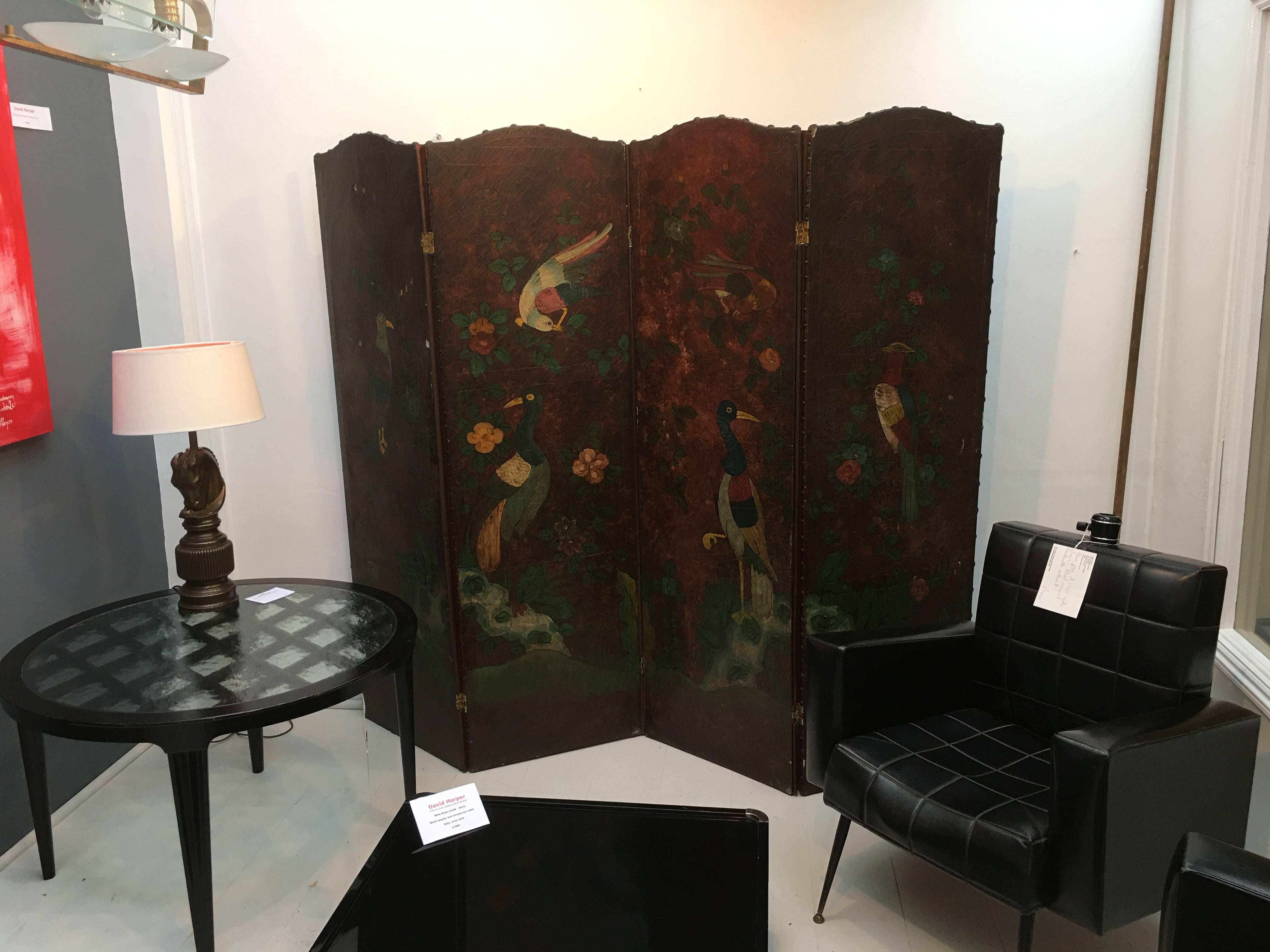 Leather Fabulous Arts & Crafts Double-Sided Four Fold Painted Screen, circa 1900 For Sale