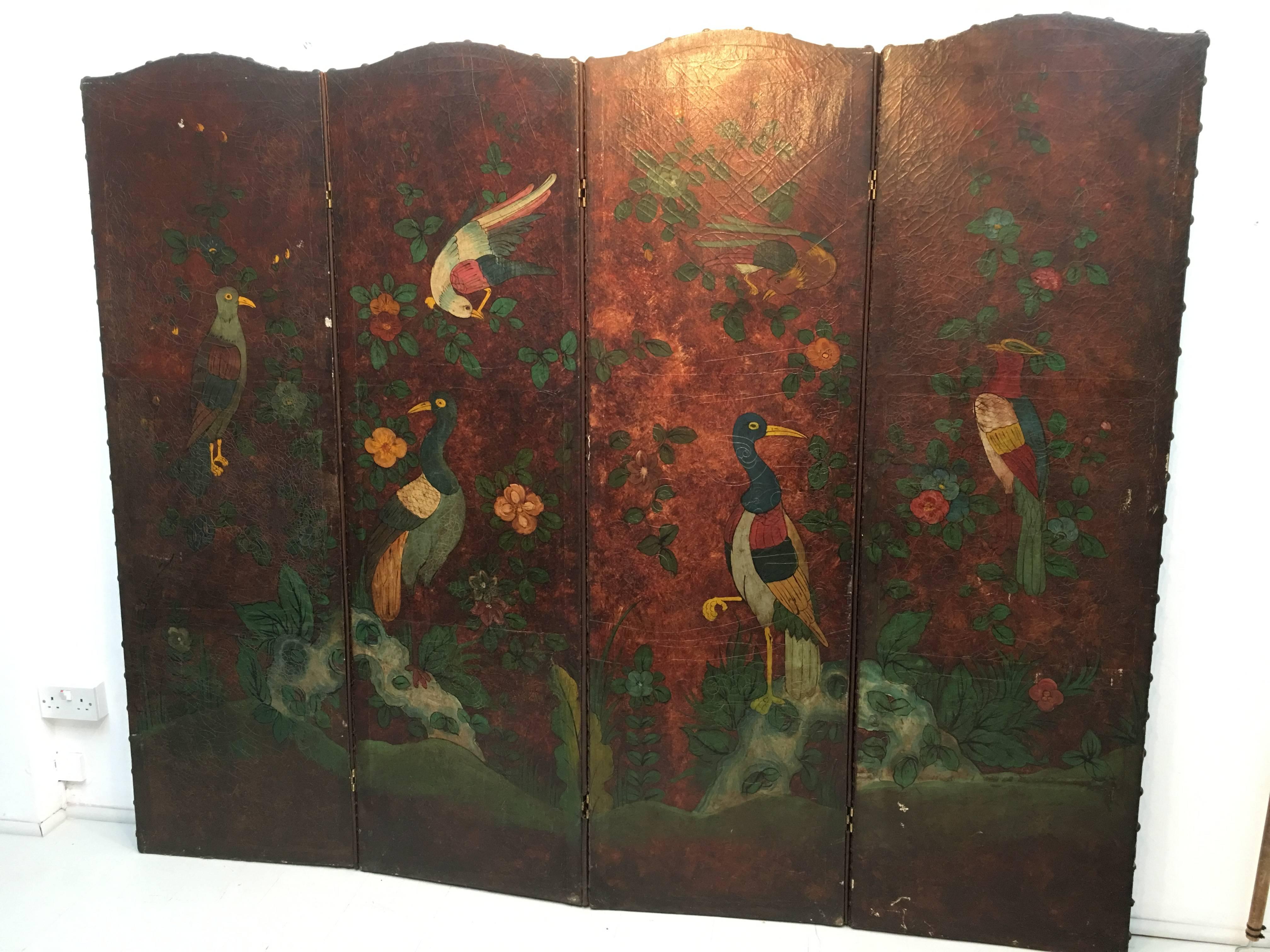 Fabulous Arts & Crafts Double-Sided Four Fold Painted Screen, circa 1900 For Sale 3