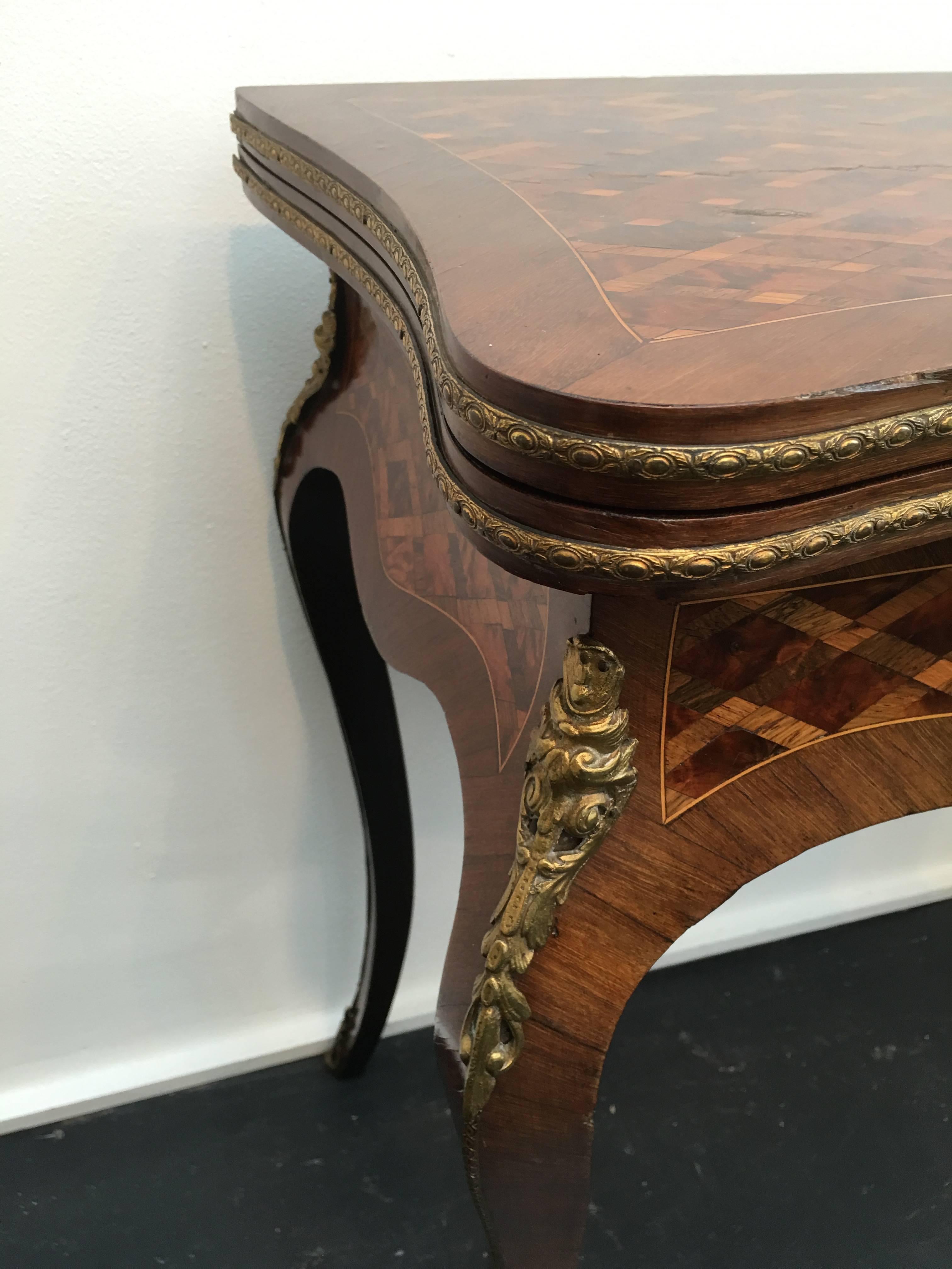 Louis XVI 19th Century French Parquetry and Gilt Serpentine Fronted Fold over Games Table