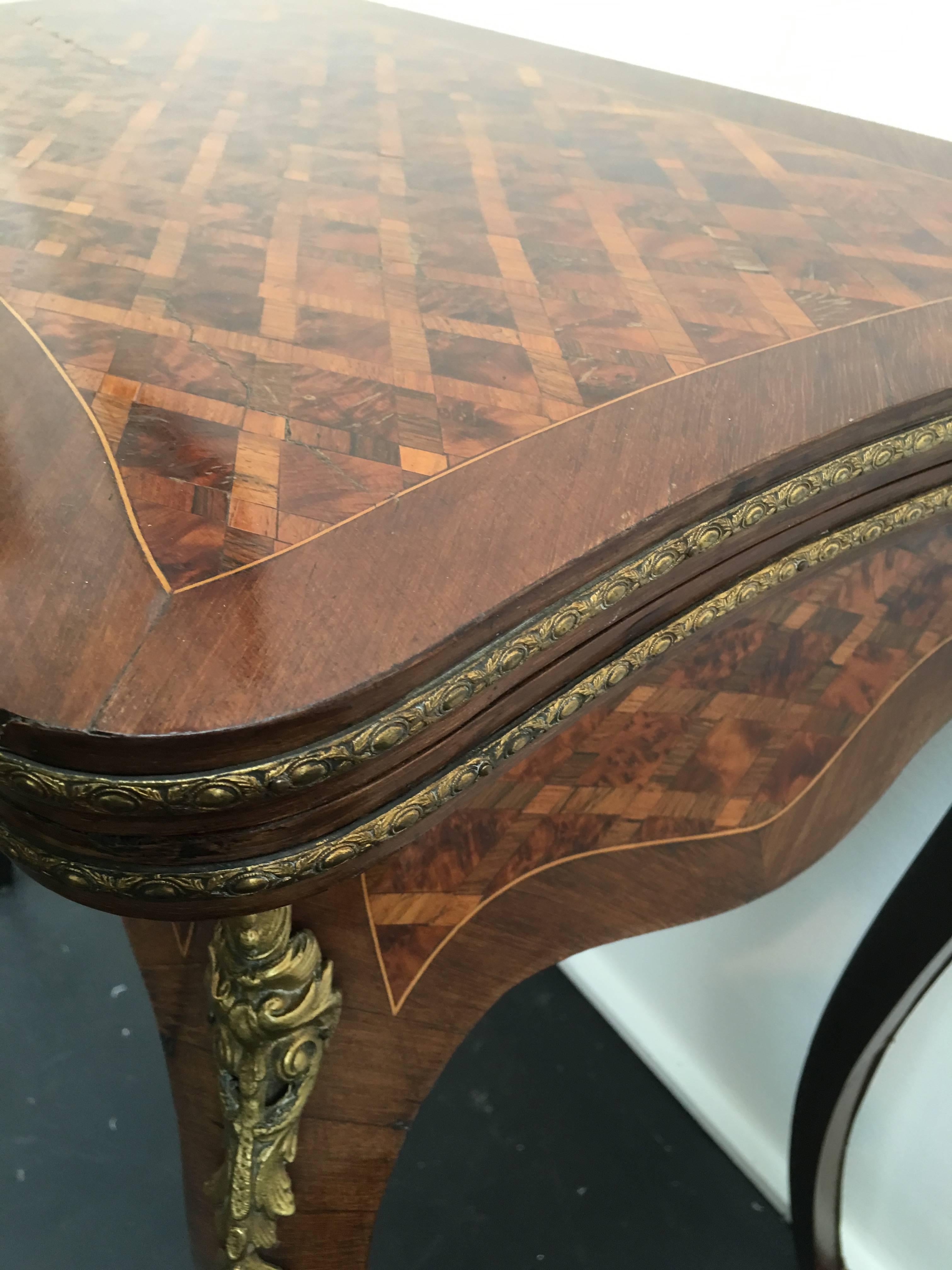 Ormolu 19th Century French Parquetry and Gilt Serpentine Fronted Fold over Games Table