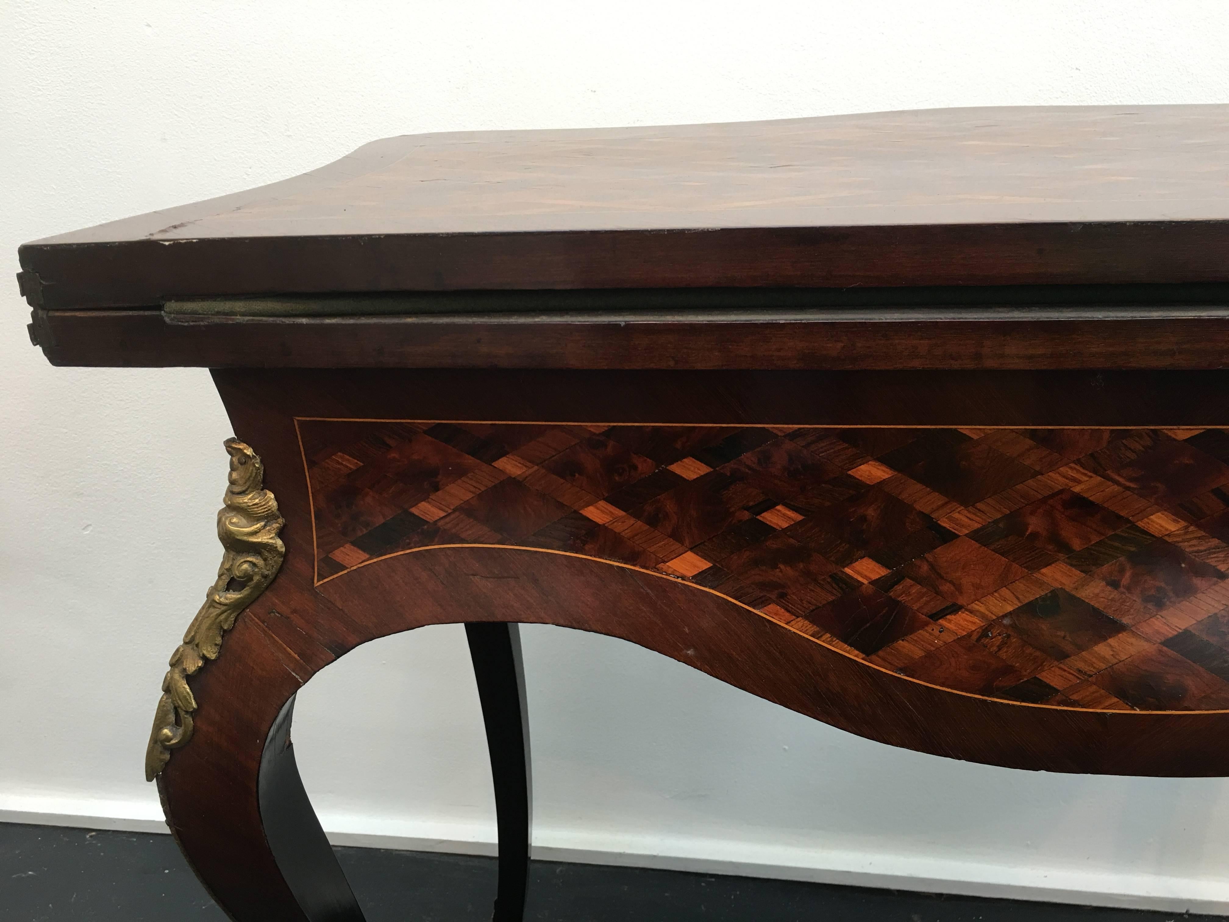 19th Century French Parquetry and Gilt Serpentine Fronted Fold over Games Table 3