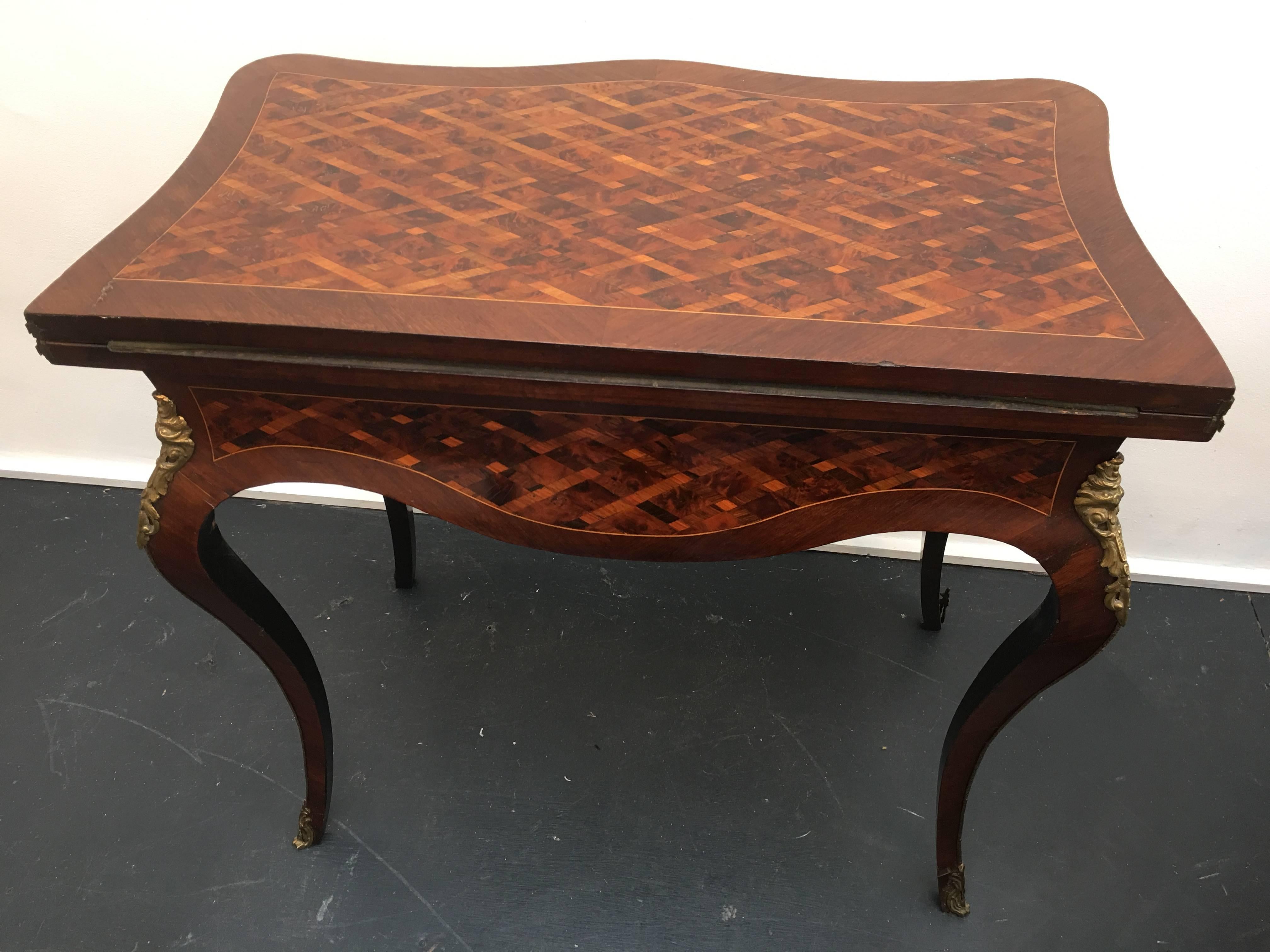 19th Century French Parquetry and Gilt Serpentine Fronted Fold over Games Table 4