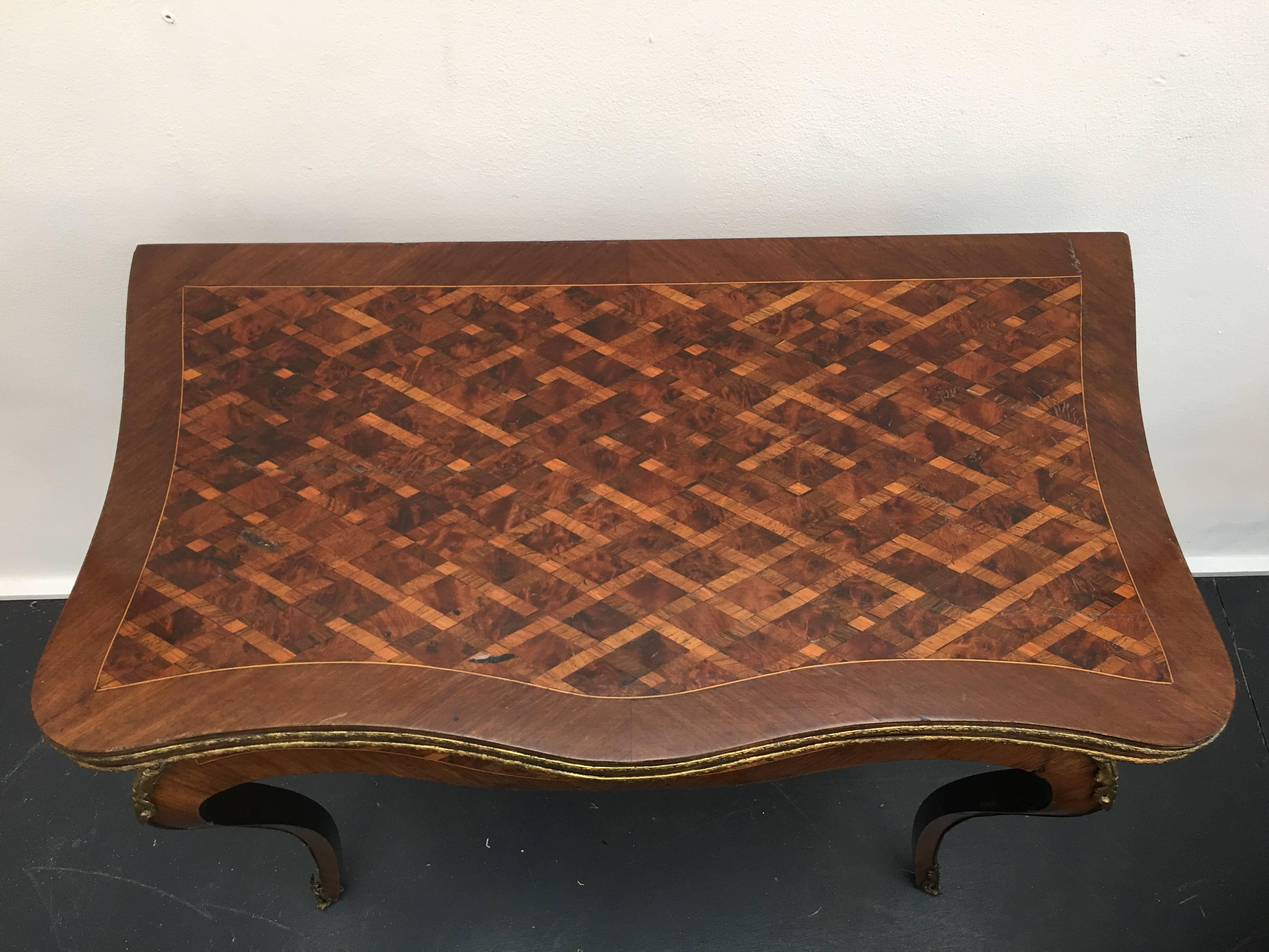 19th Century French Parquetry and Gilt Serpentine Fronted Fold over Games Table 5