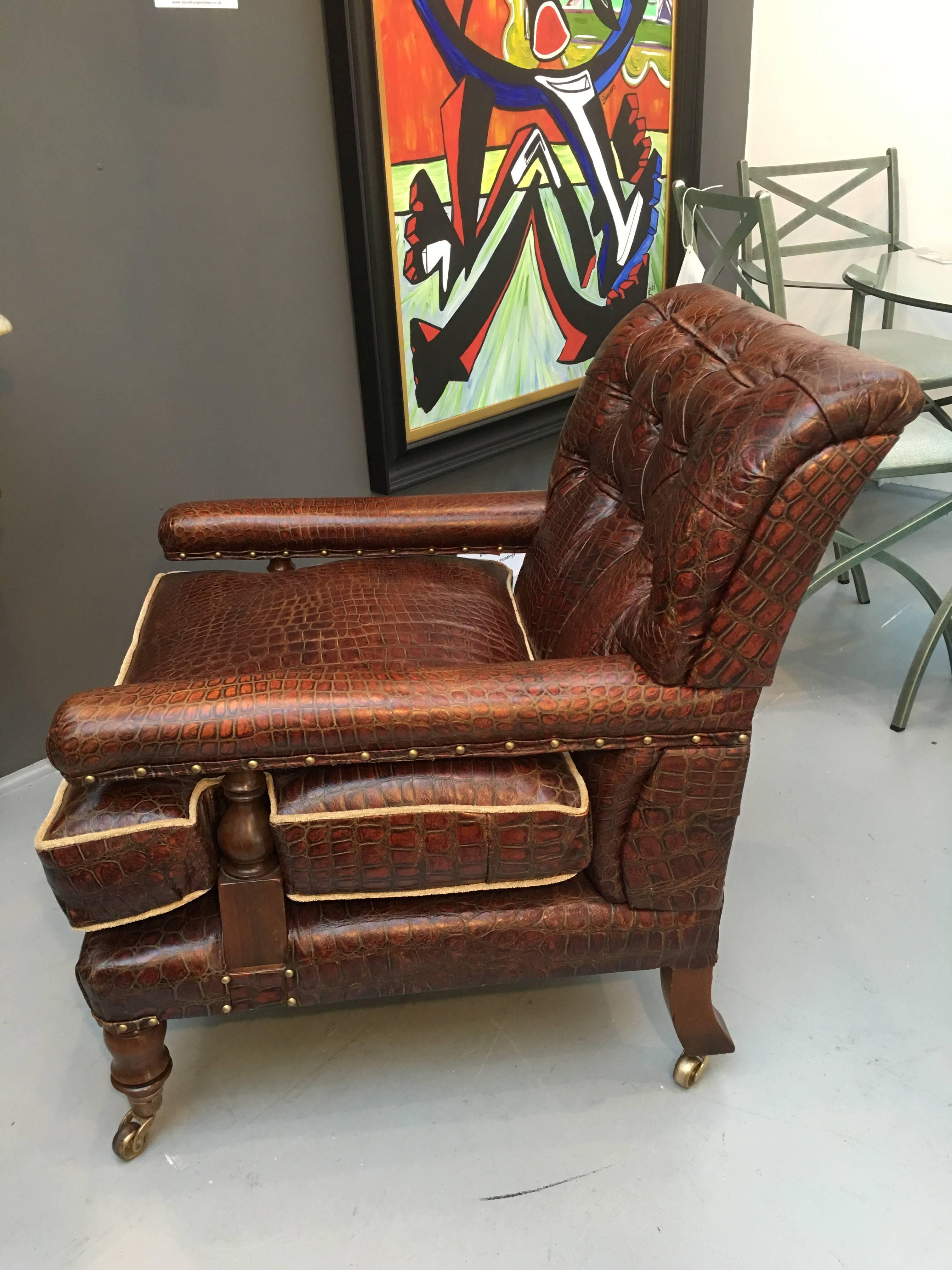 English Only One in the World! Handmade Crocodile Embossed Leather & Mahogany Armchair For Sale
