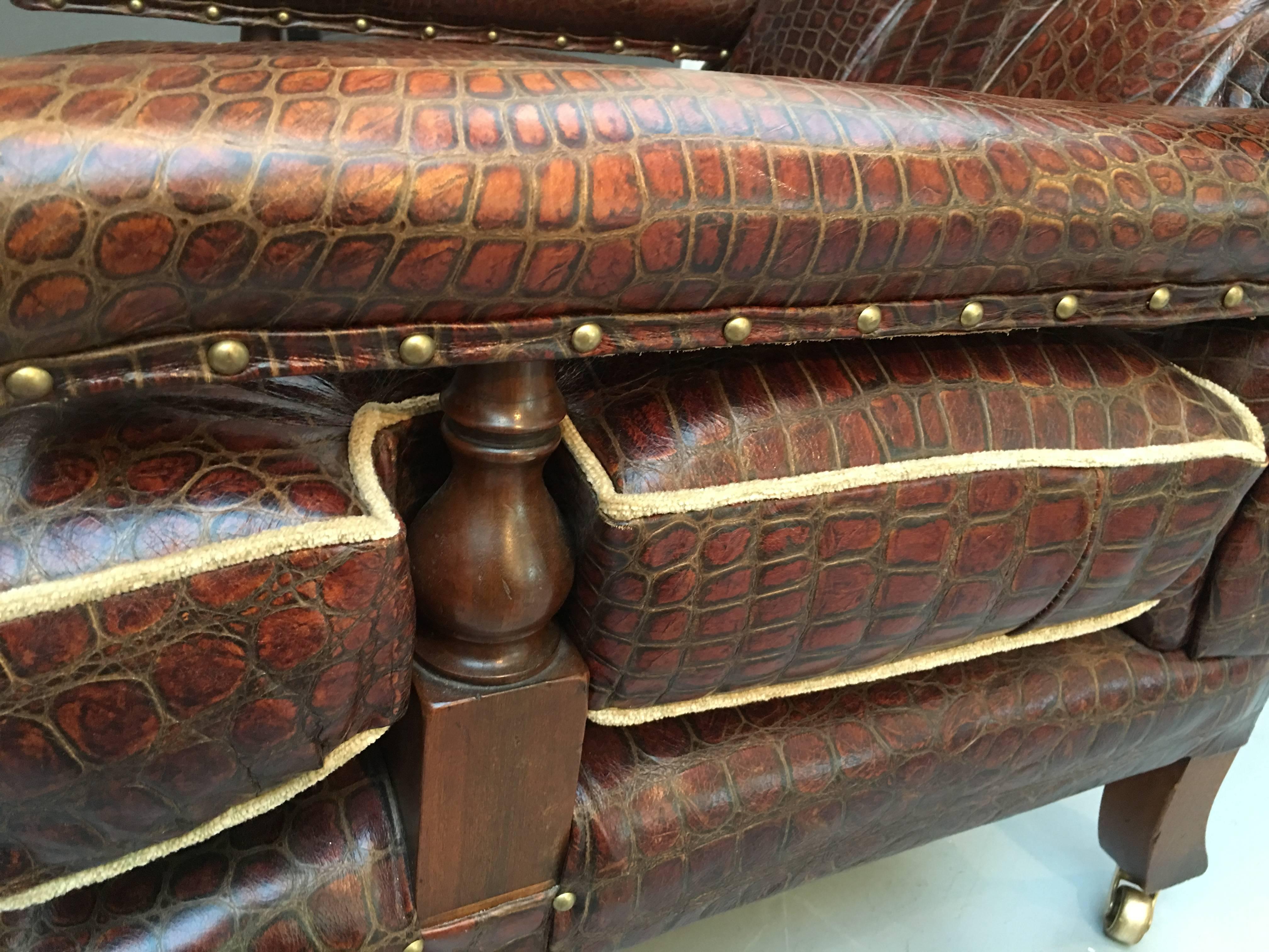 Only One in the World! Handmade Crocodile Embossed Leather & Mahogany Armchair In Good Condition For Sale In London, GB