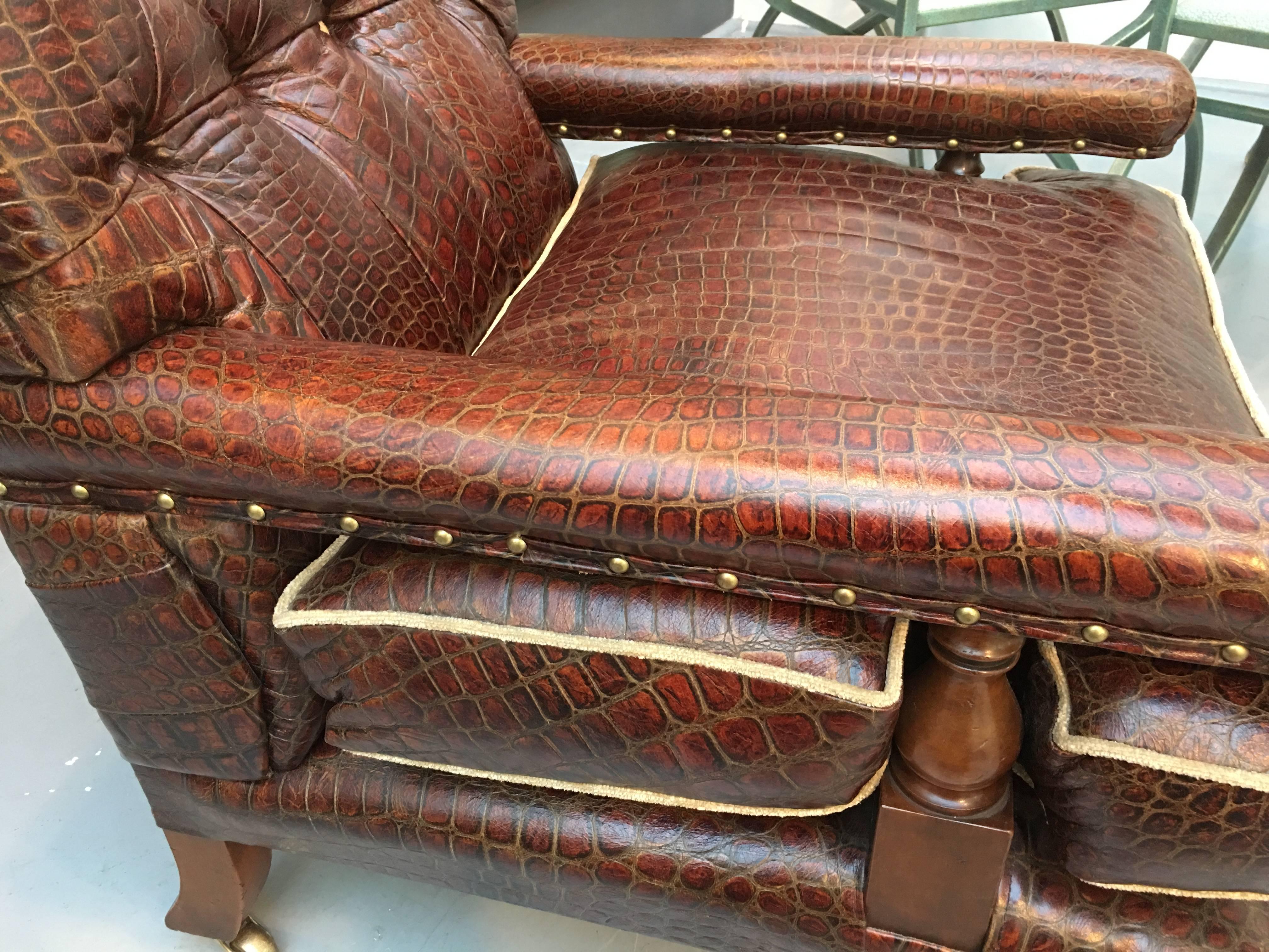Only One in the World! Handmade Crocodile Embossed Leather & Mahogany Armchair For Sale 1