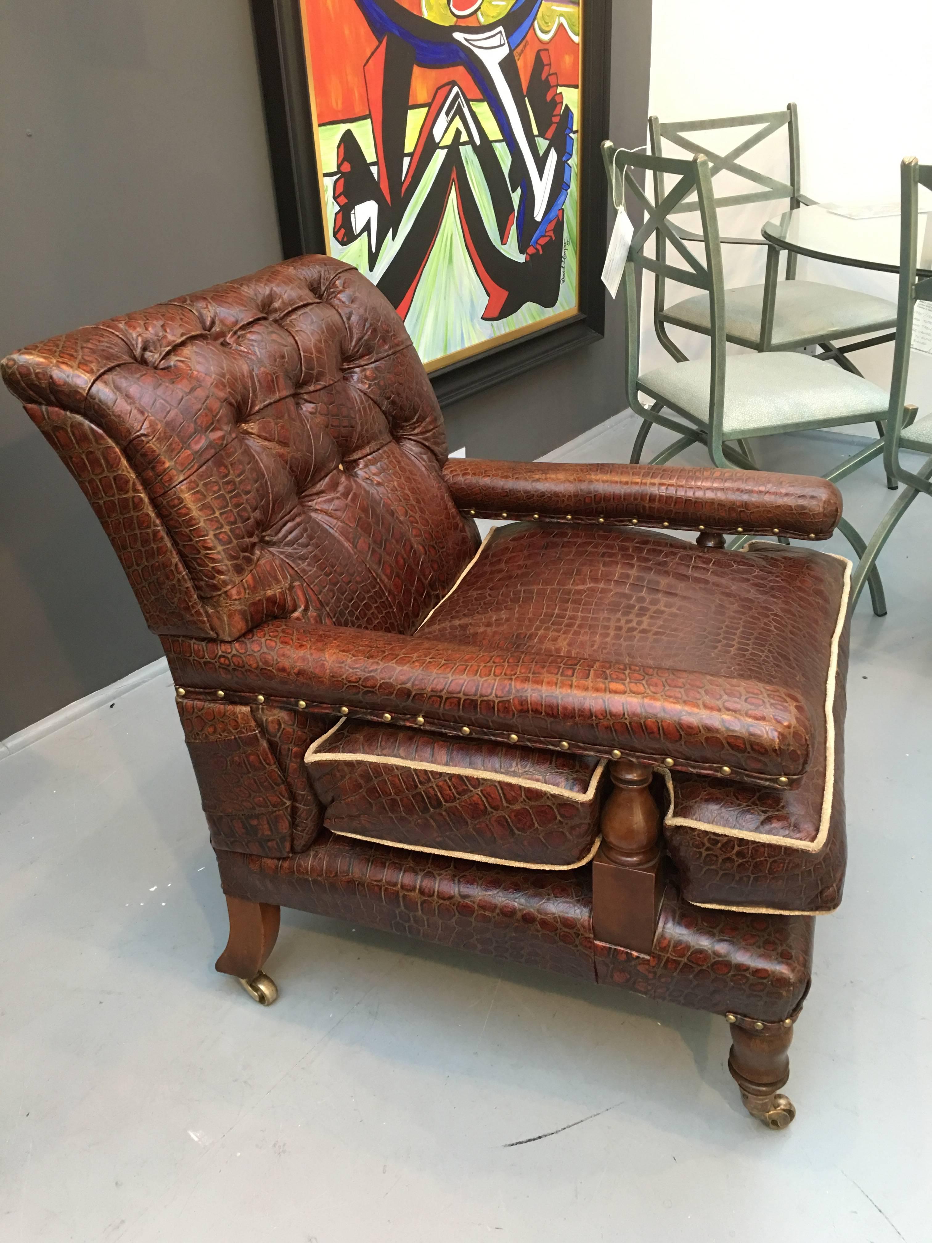Only One in the World! Handmade Crocodile Embossed Leather & Mahogany Armchair For Sale 4