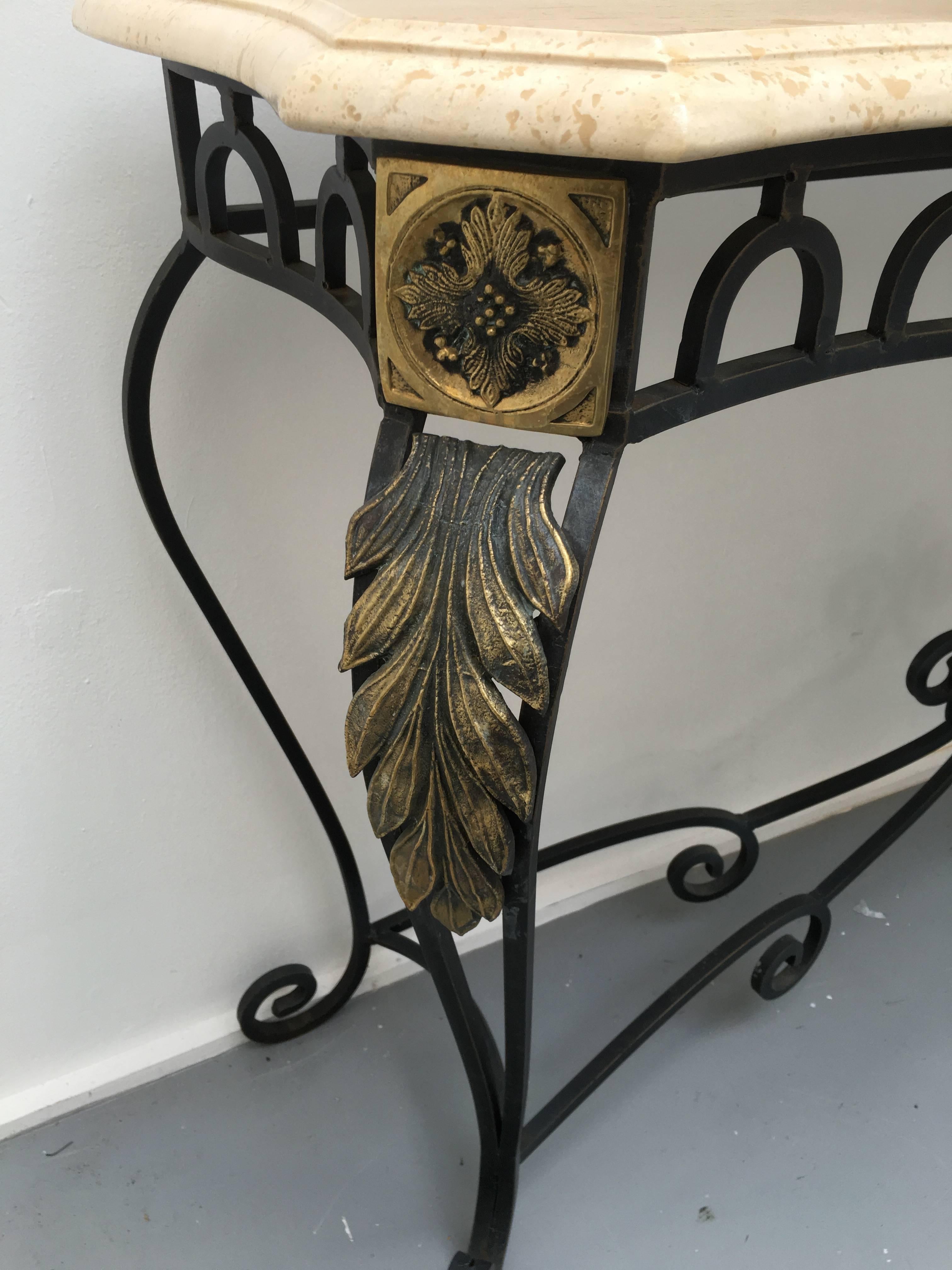 Modern Travertine, Wrought Iron and Gilt Metal Console Table For Sale
