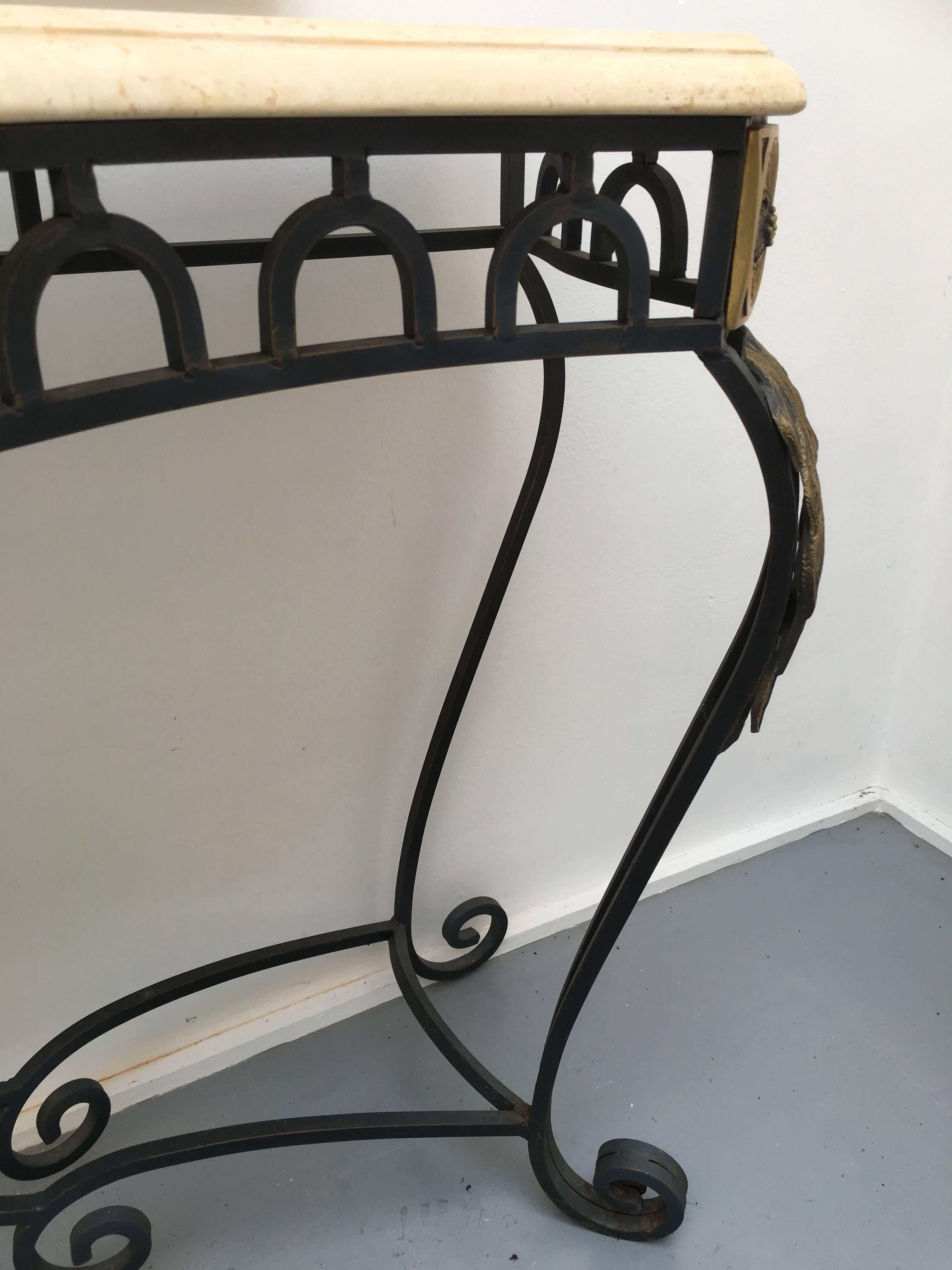 20th Century Travertine, Wrought Iron and Gilt Metal Console Table For Sale